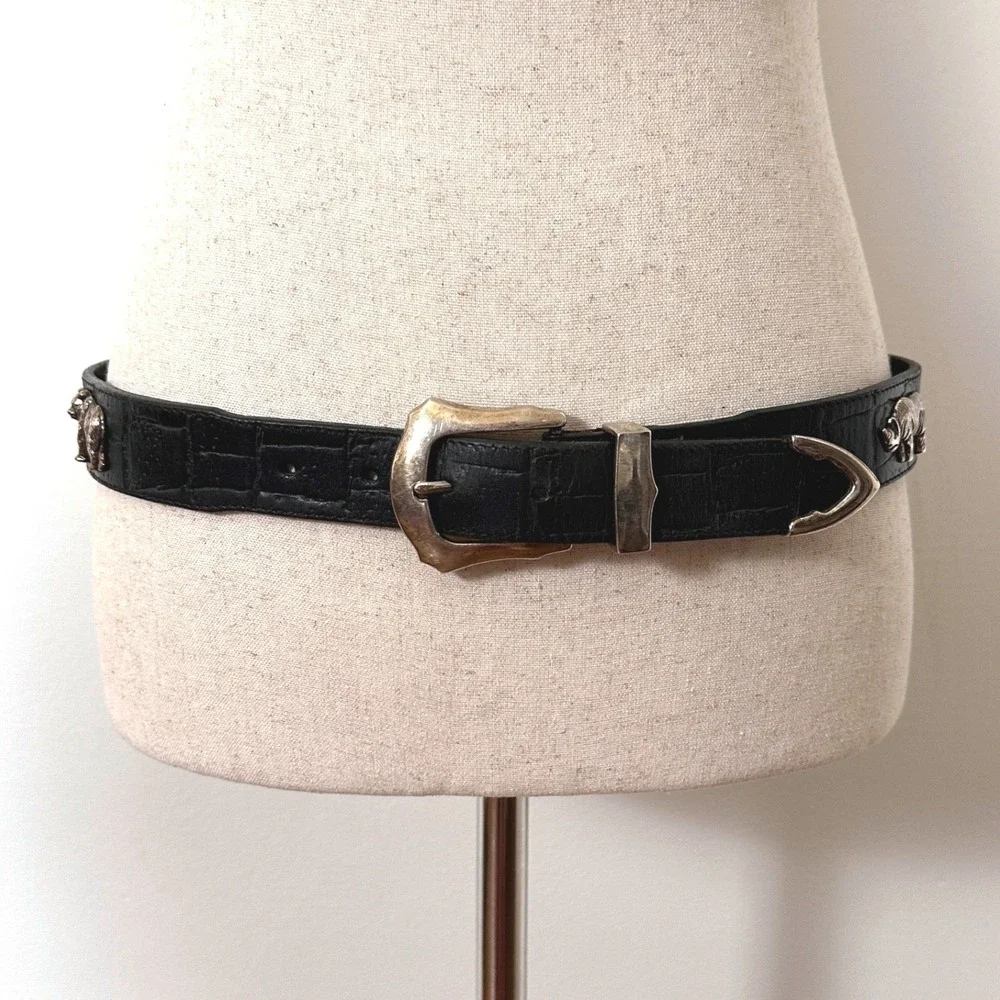 VTG 90s Honest Safari Animal Concho Leather Belt Black Croc Embossed Silver 32